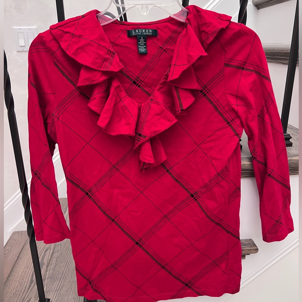 Lauren Ralph Lauren Women’s Red Plaid Ruffle V-Neck Blouse — Size Small